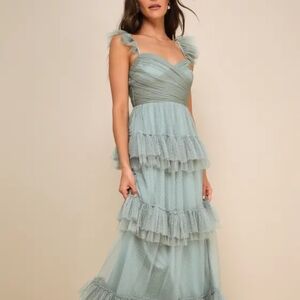 Lulu's Dusty Blue Ruffled Maxi Dress